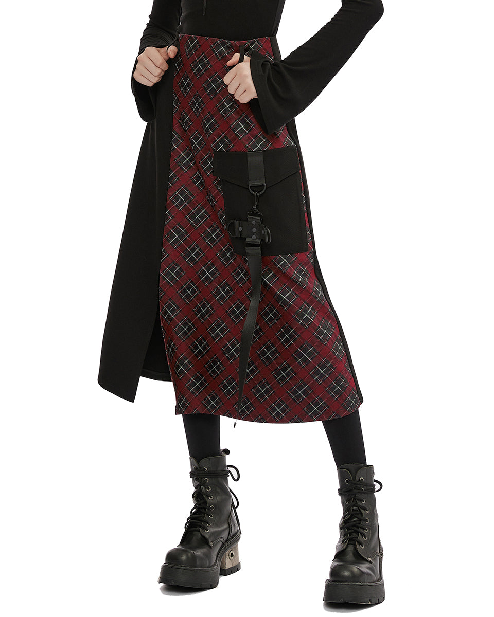 OPQ1339 Daily Life Gothic Techwear Cargo Midi Skirt - Black & Red Plaid