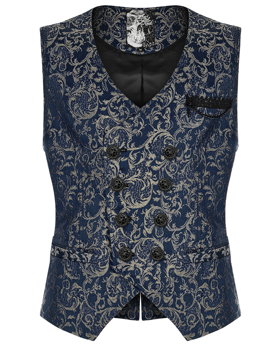 WY-1436 Mens Dark Gothic Aristocrat Chained Waistcoat Vest - Blue Jacquard