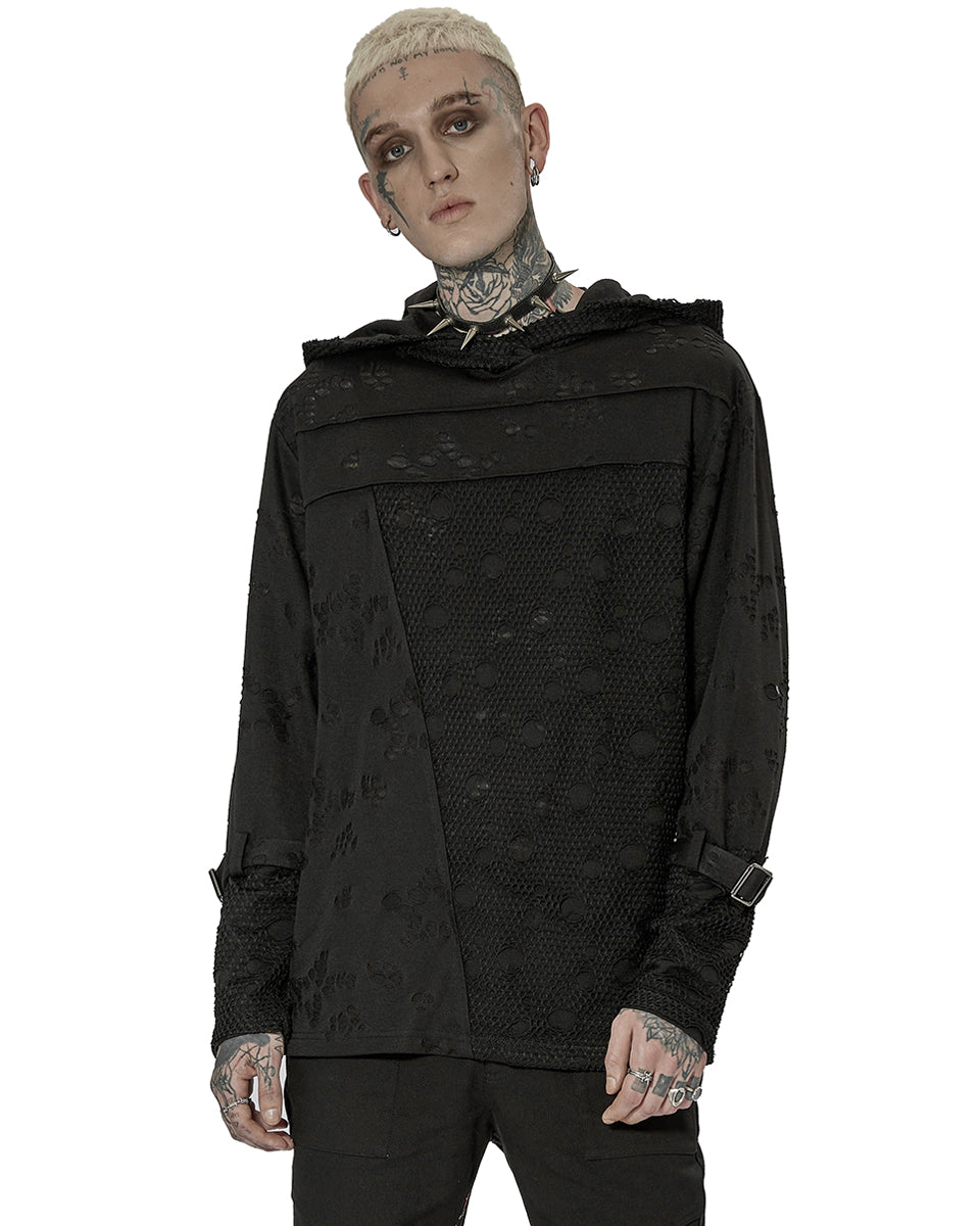 WT-738 Mens Apocalyptic Gothic Spliced Broken Knit Hooded Top