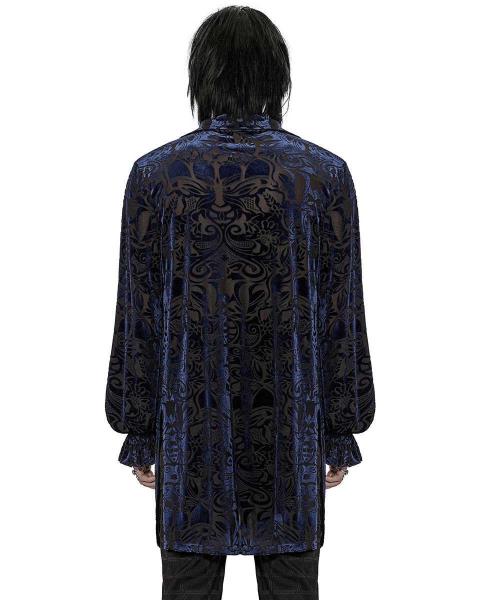 WY-1416 Mens Longline Baroque Gothic Velvet Flocked Shirt - Blue & Black