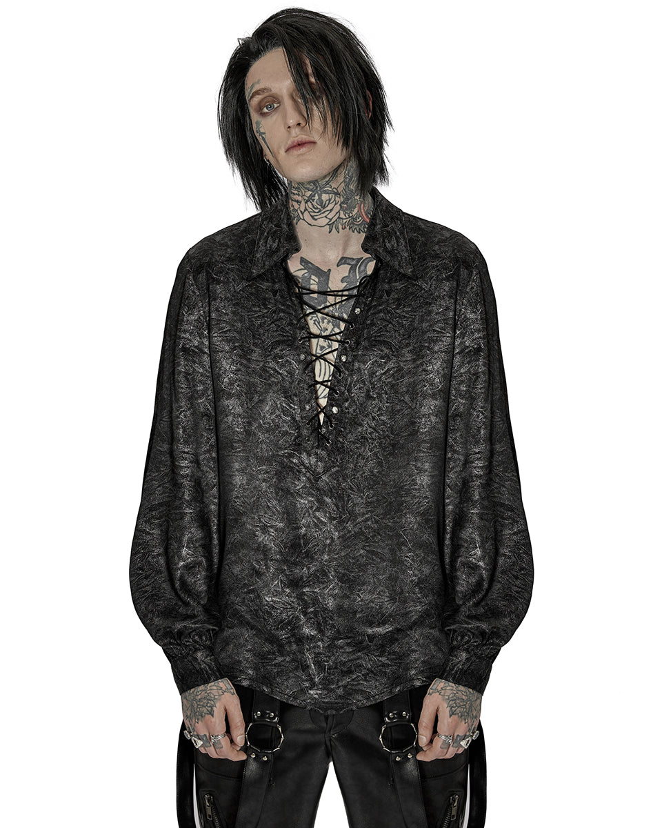 WY-1432 Mens Gothic Studded Lace Up Pirate Shirt - Black & Silver