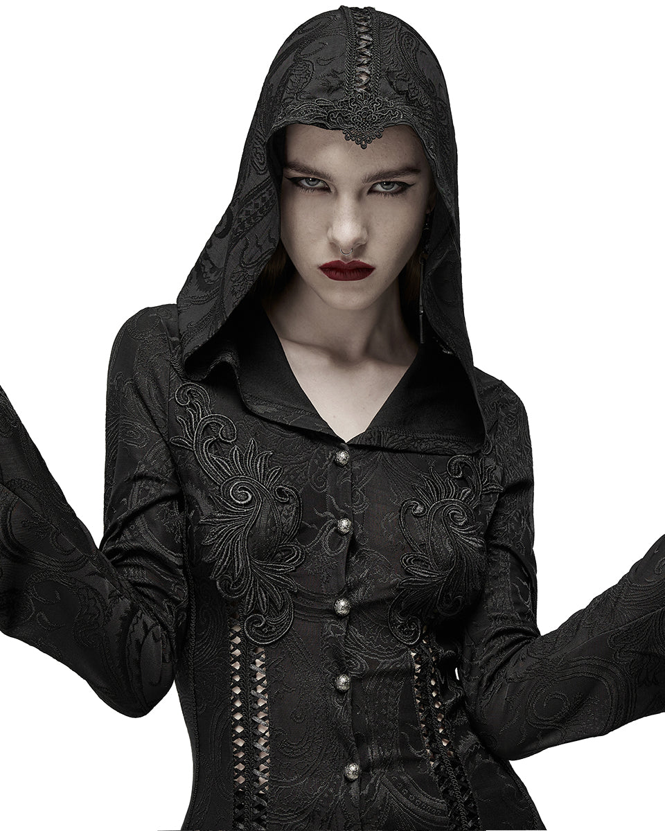 WY-1359 Womens Dark Gothic Cutout Applique Jacquard Hooded Cloak Jacket