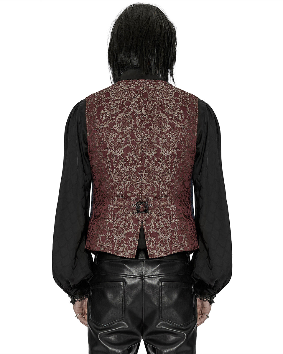 WY-1436 Mens Dark Gothic Aristocrat Chained Waistcoat Vest - Red Jacquard