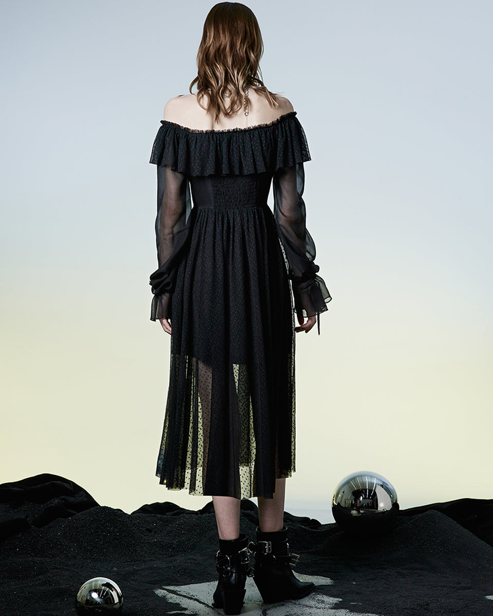 OPQ-1144 Daily Life Retrogothic Pleated Chiffon Midi Dress