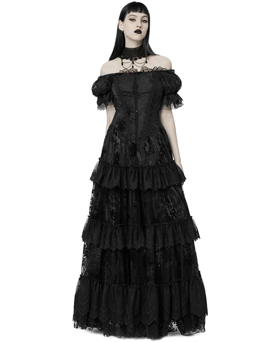 WQ-613 Dark Decadence Flocked Lace Gothic Wedding Dress - Black