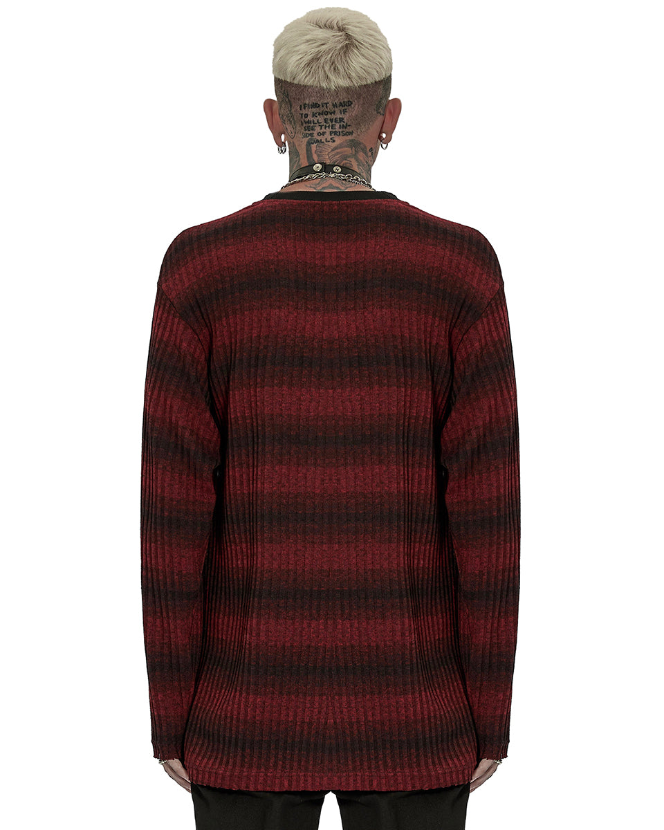 WT-735 Mens Dark Punk Striped Knit Sweater Top - Black & Red