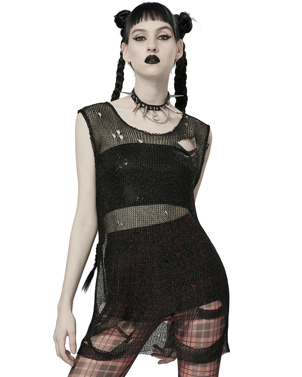 WM-075 Womens Apocalyptic Grunge Shredded Faux Chainmail Sleeveless Sweater