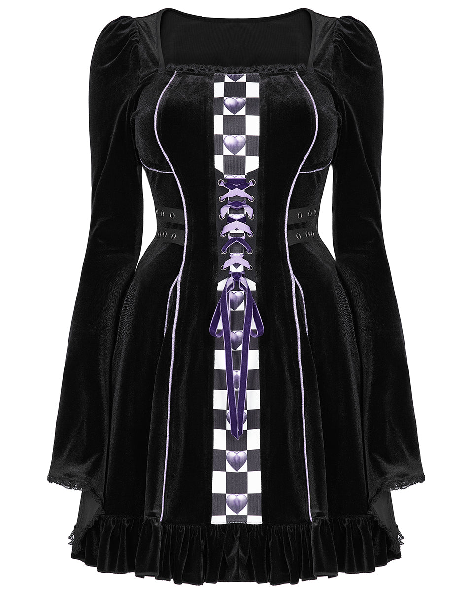 WLQ-102 Pyon Pyon Womens Gothic Harlequin Velvet Dress - Black & Purple