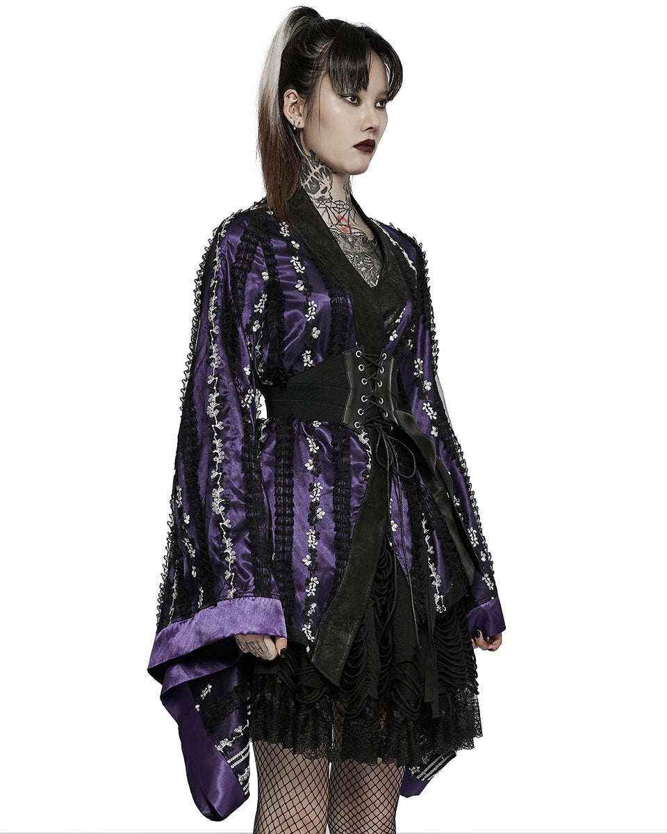 WLY-103 Pyon Pyon Womens Gothic Lolita Floral Embroidered Kimono Jacket - Purple & Black