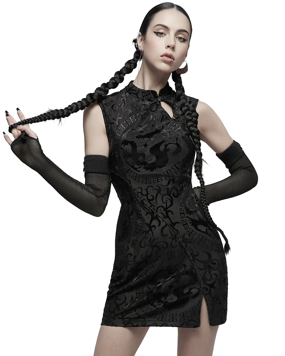 OPQ-1219 Daily Life Gothic Chinese Dragon Velvet Flocking Mini Cheongsam Dress