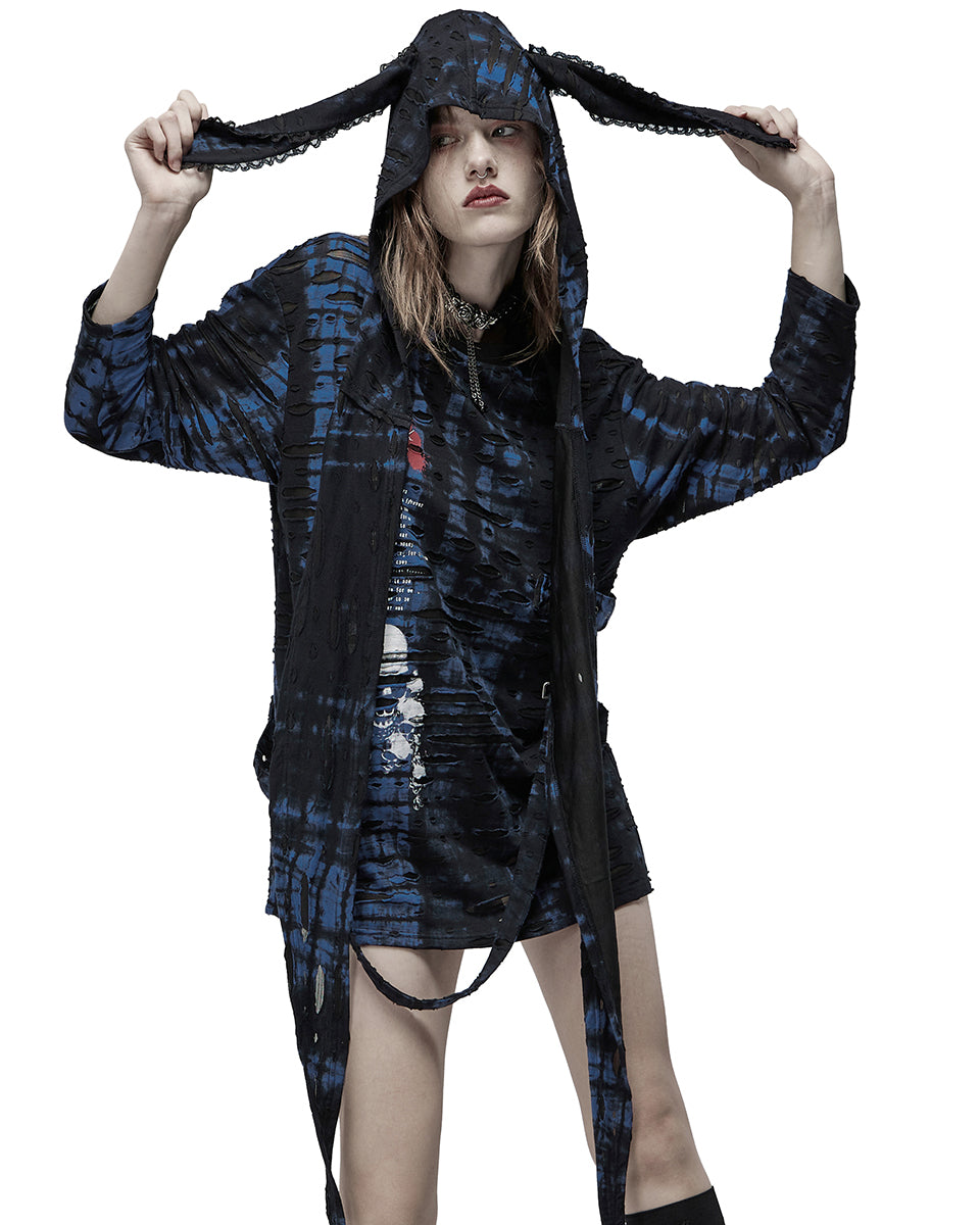 WT-710 Womens Broken Knit Shredded Bondage Top & Scarf Hood - Black & Blue