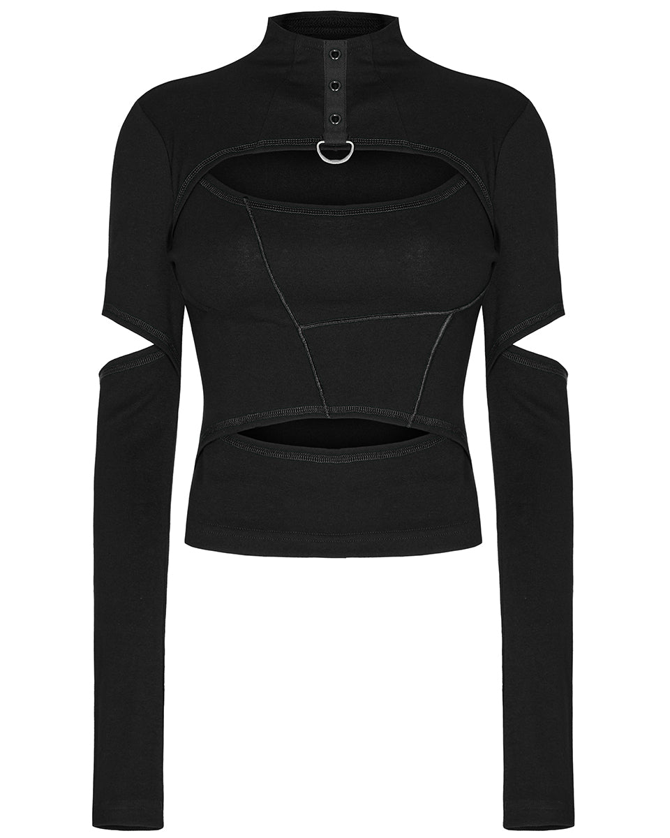 WT-746 Womens Cyberpunk Cut Out Splicing Top - Black