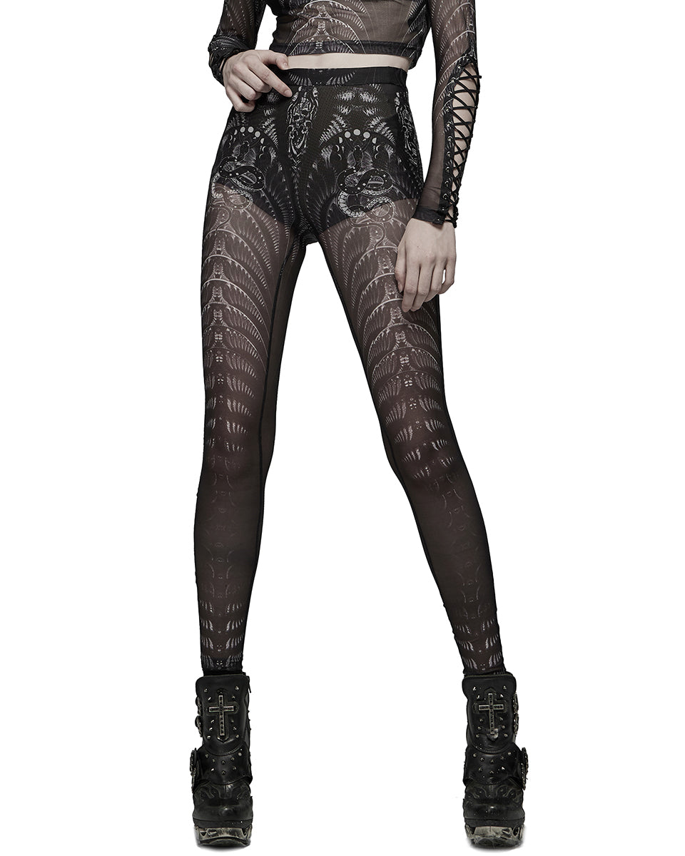 WK-491 Womens Serpentine Printed Mesh Cyberpunk Leggings - Black & White