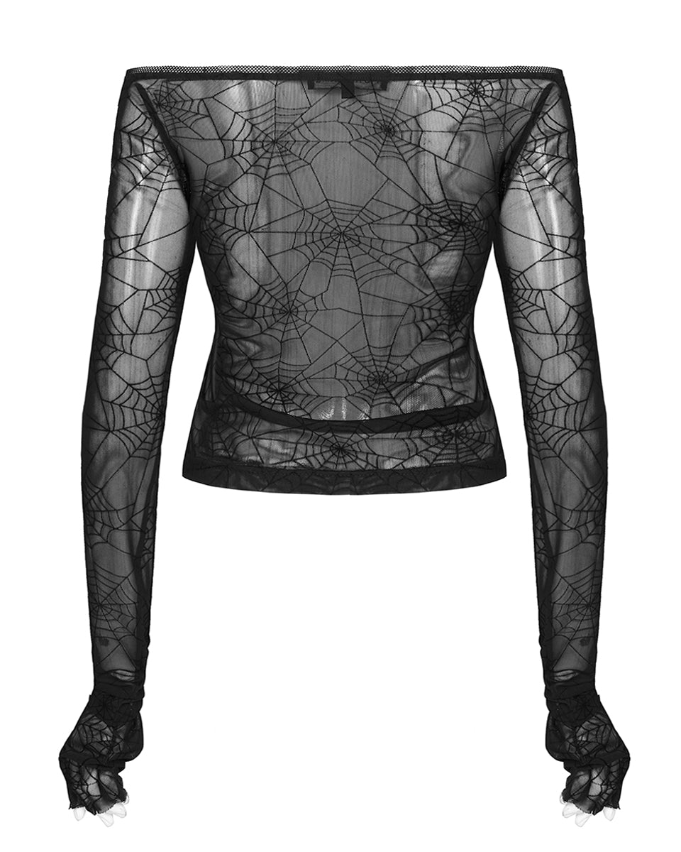 WT-659 Arachnaphilia Womens Spiderweb Mesh Off-Shoulder Top - Black