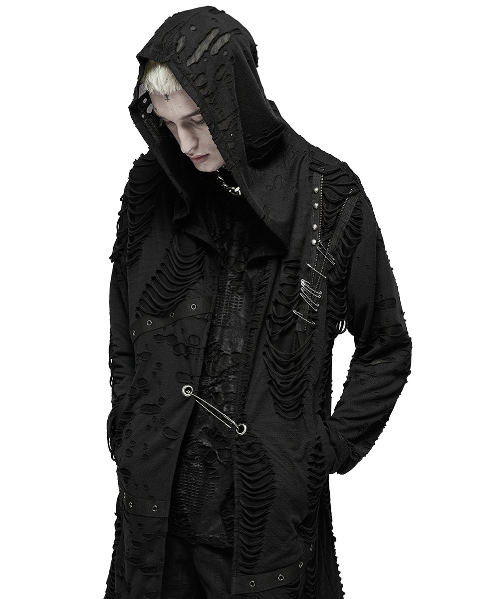 WY-1374 Mens Apocalyptic Gothic Hooded Broken Knit Cloak