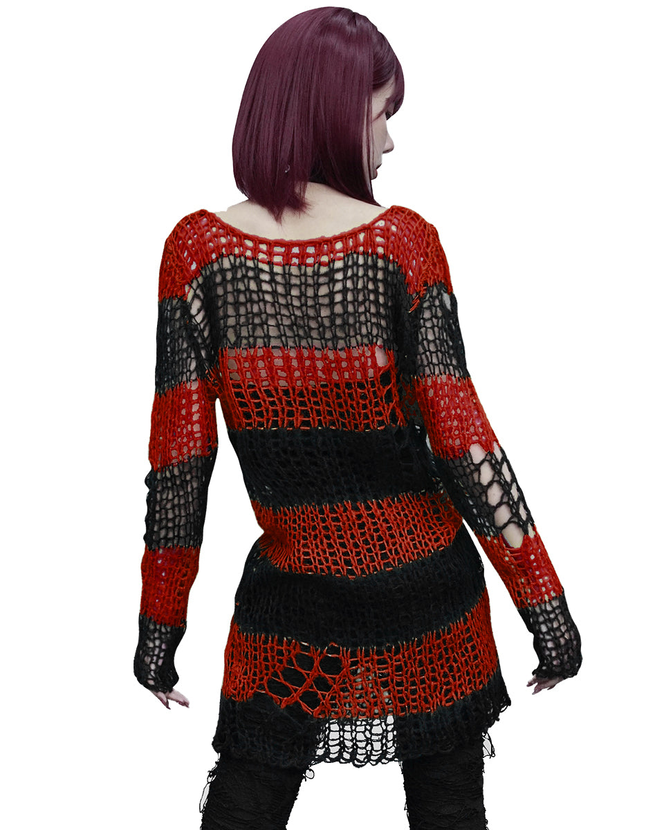 WM-072 Womens Shredded Broken Knit Sweater Top - Black & Red Stripe