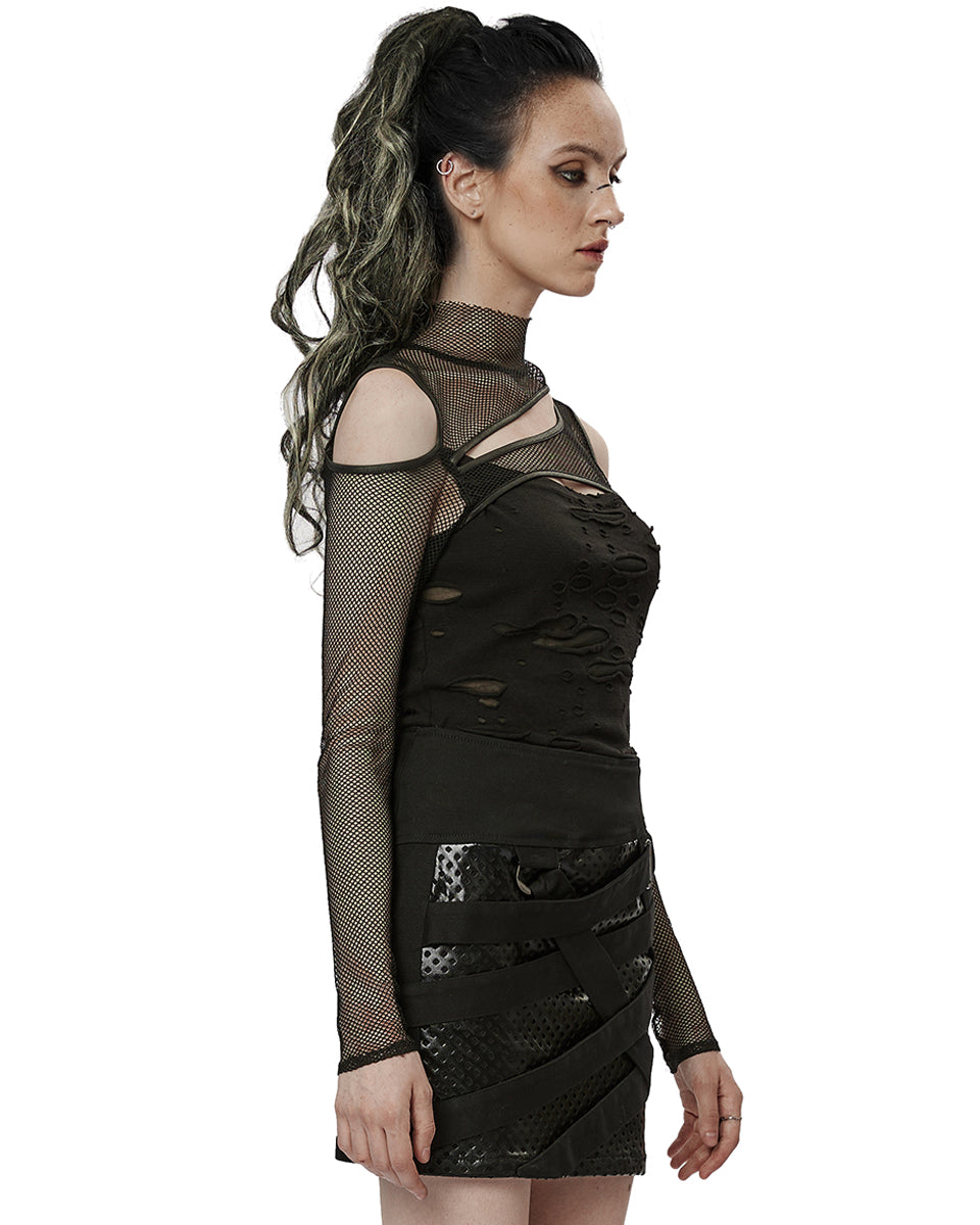 WT-744 Womens Apocalyptic Punk Broken Knit & Fishnet Top