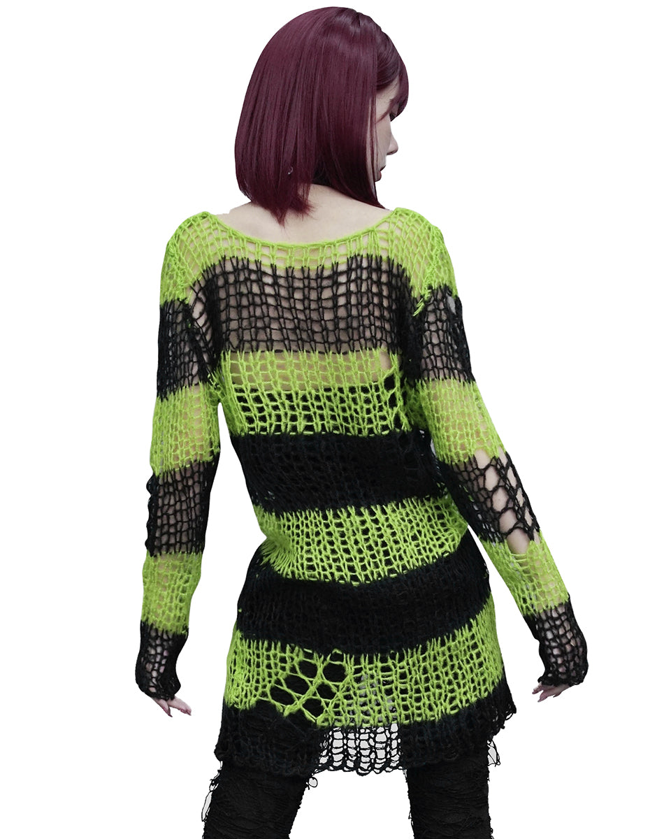 WM-072 Womens Shredded Broken Knit Sweater Top - Black & Green Stripe