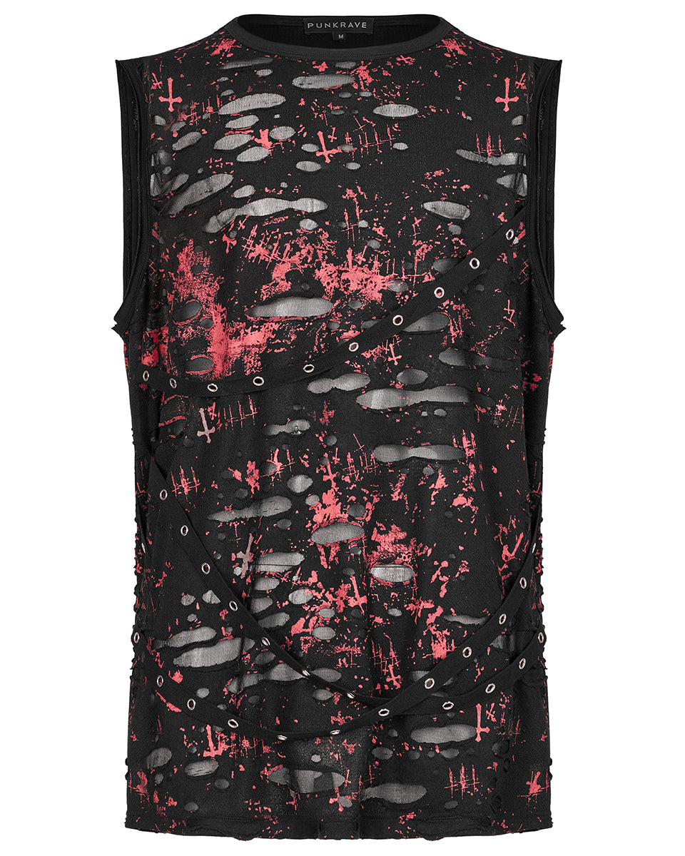 WT-716 Mens Destroyed Punk Bondage Tank - Black & Red