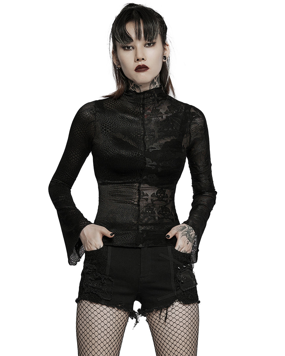 WT-727 Womens Gothic Split Sheer Skull Mesh Top