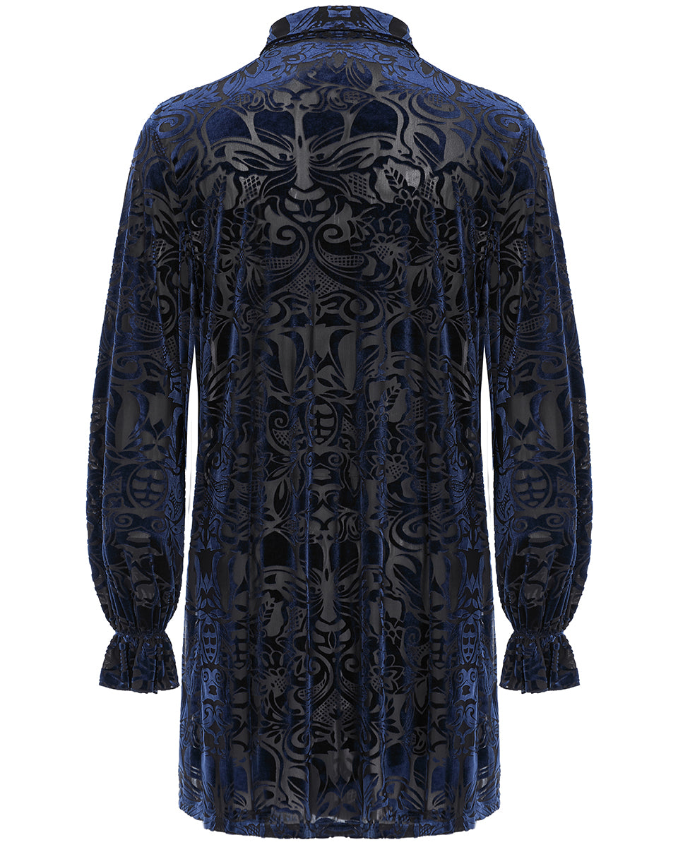 WY-1416 Mens Longline Baroque Gothic Velvet Flocked Shirt - Blue & Black