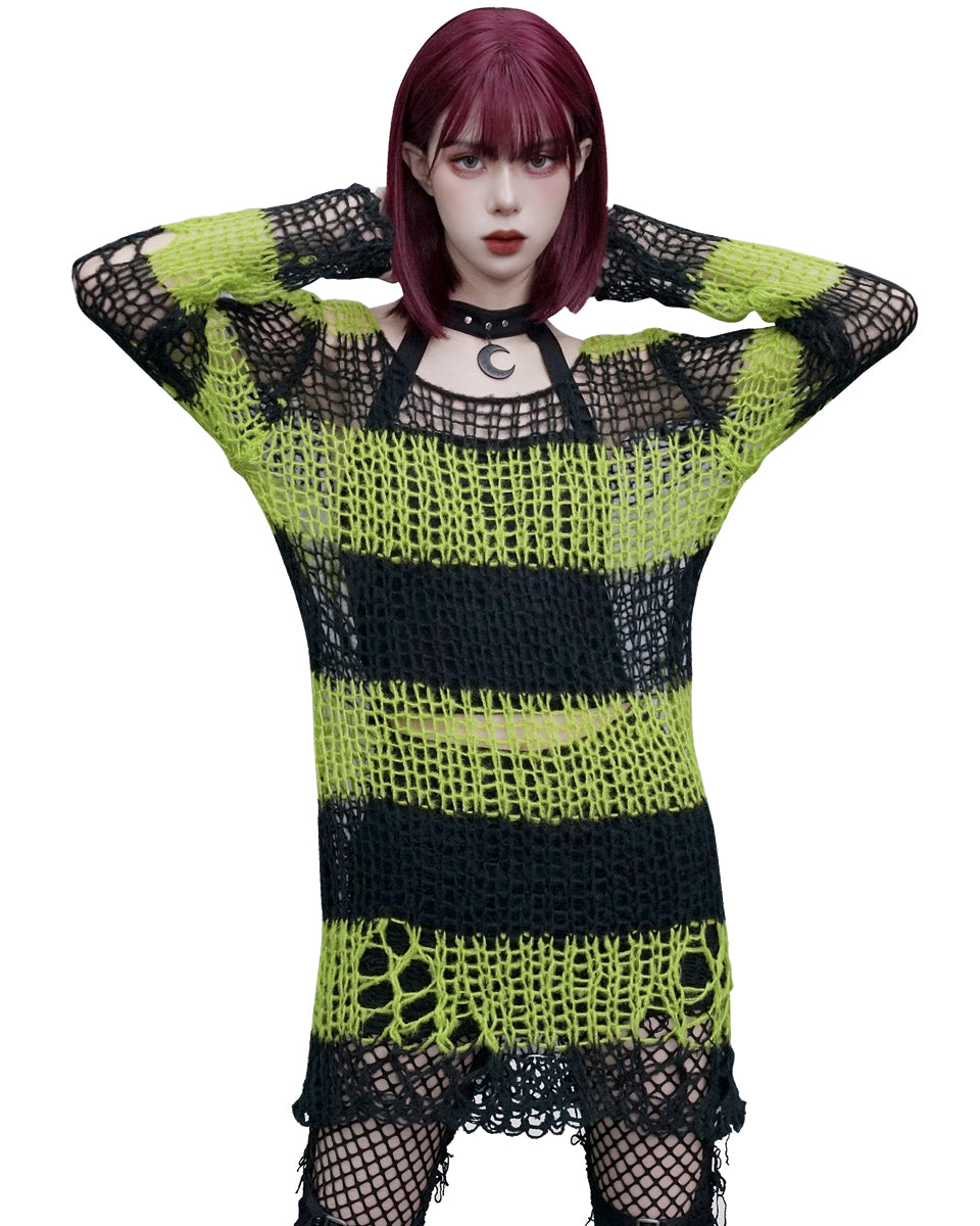 WM-072 Womens Shredded Broken Knit Sweater Top - Black & Green Stripe