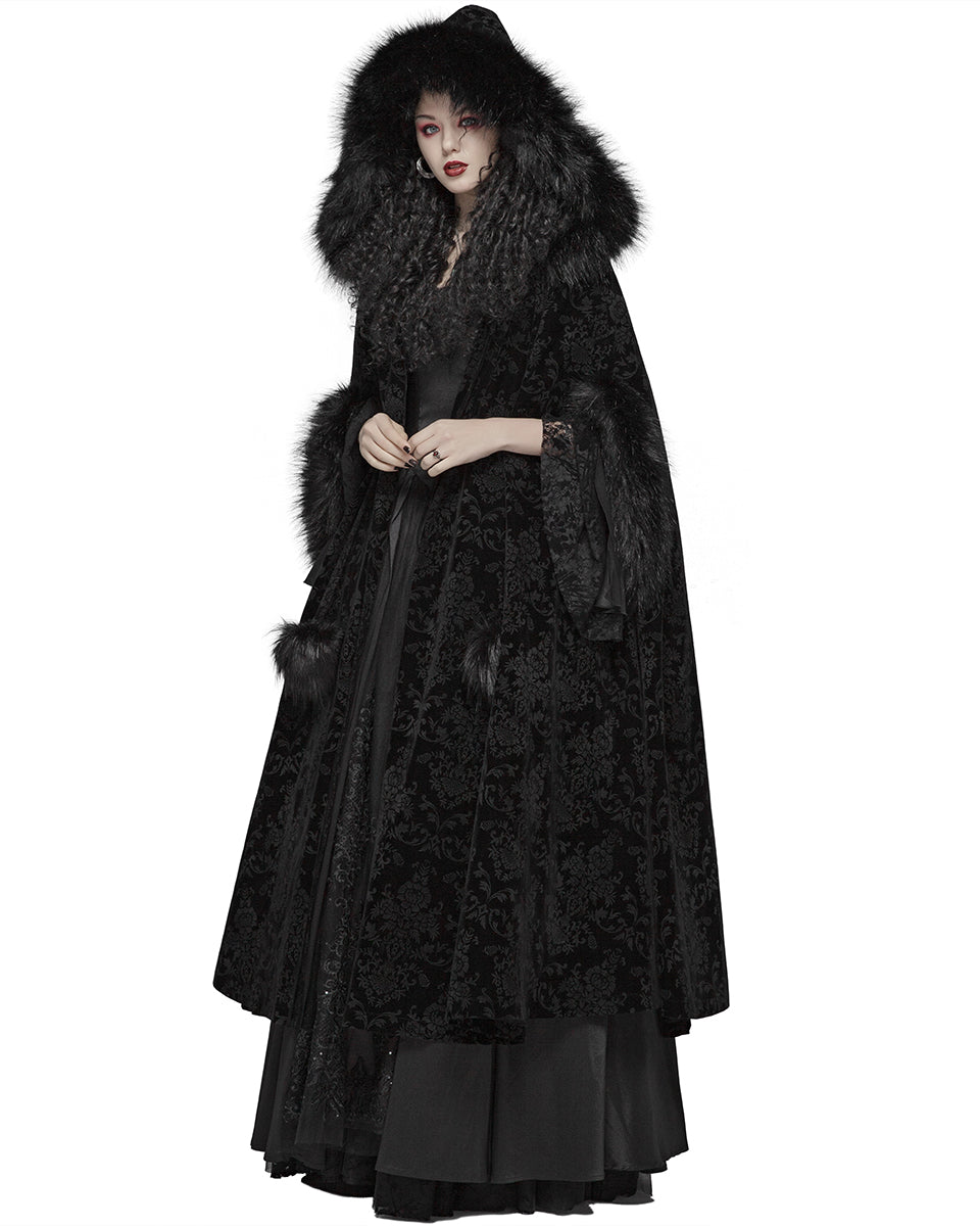 WY-1038 Cassiopeia Womens Gothic Velvet Cloak - Black Damask