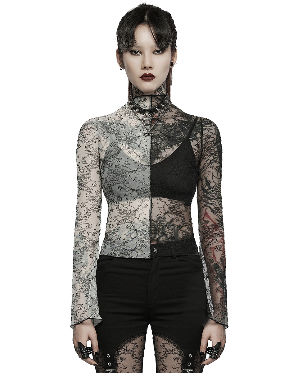 WT-727 Womens Gothic Poison Ivy Sheer Mesh Split Top - Black & White