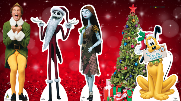 A cozy living room scene embellished with Christmas-themed cutouts, including Sally from "The Nightmare Before Christmas" and Santa Claus, showcasing the festive cheer.