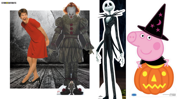 A spooky setting featuring Halloween-themed cutouts like Michael Meyers, the Grim Reaper, and Pennywise, evoking the eerie spirit of the holiday.