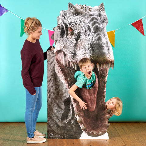 Cardboard Cutout Dinosaur with Children and Mother Enjoying