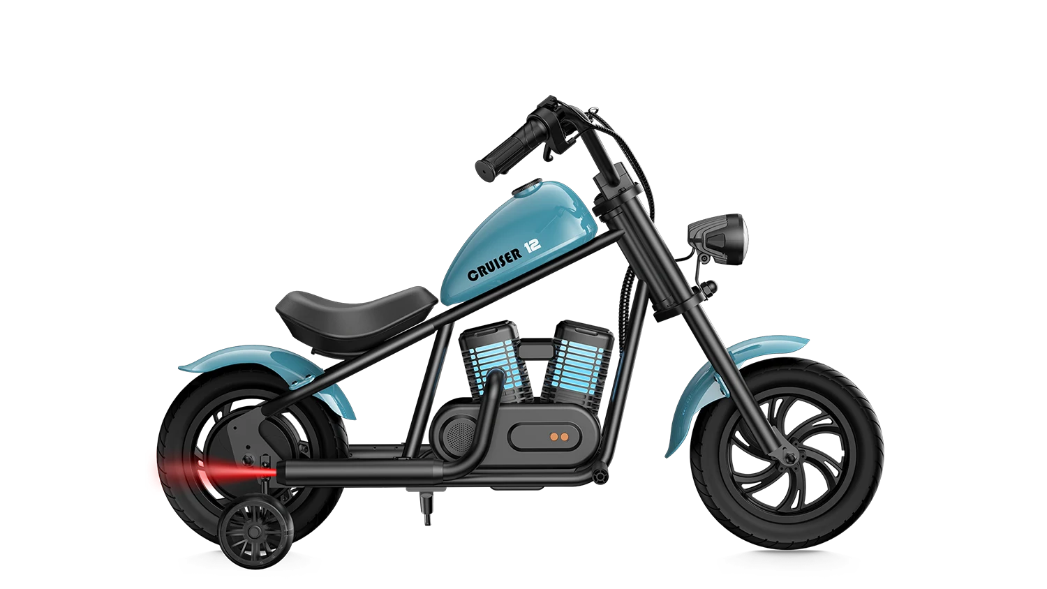The teal HYPER GOGO Cruiser 12 Plus, a realistic mini chopper for kids, seen from the side.
