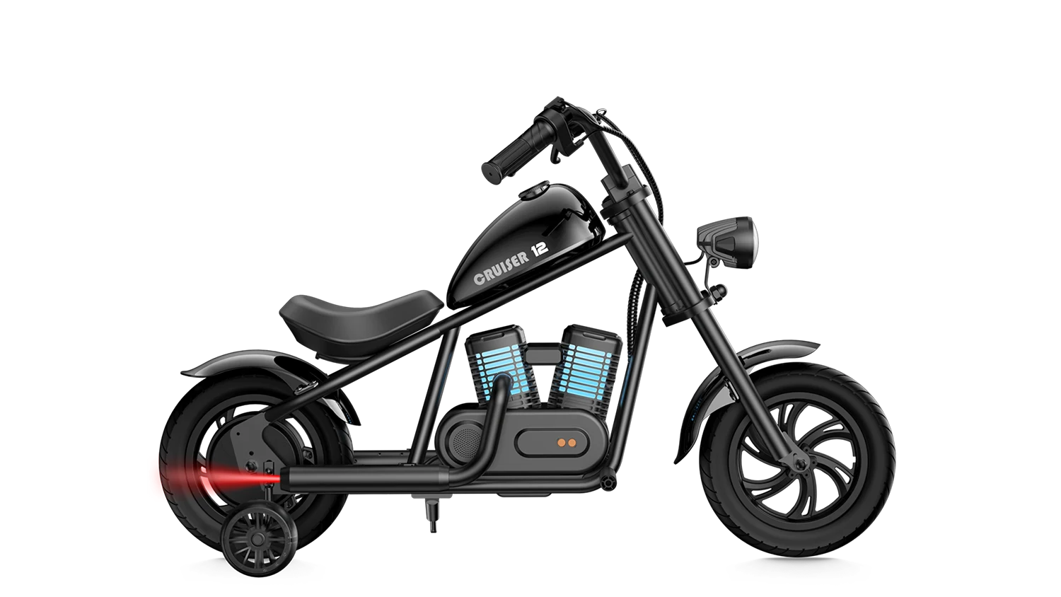 A black HYPER GOGO Cruiser 12 Plus electric motorcycle for kids, shown with removable training wheels.
