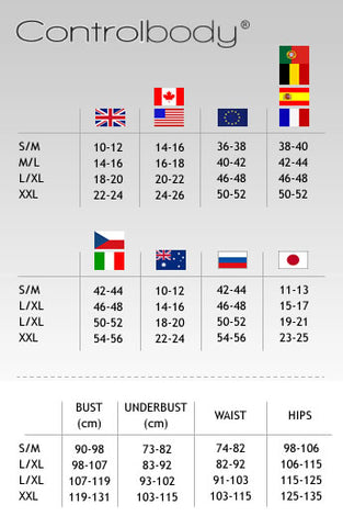 Control Body Size Chart for My Lingerie Obsession store