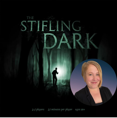 The box cover of Stifling Dark. It's a dark forest with green glowing light.