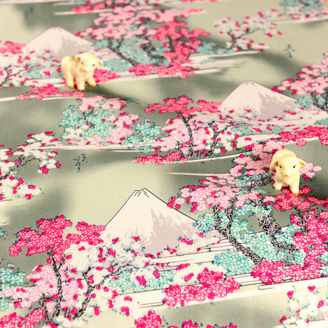 Japanese - pink mount Fuji & cherry blossom cotton fabric W:144cm FQ1807-07