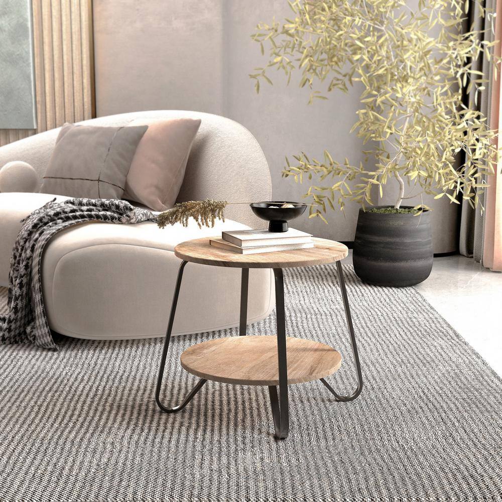 Set of 88, Konya 18 in. Round Oak Color Top Black Frame 2-Tier End Table