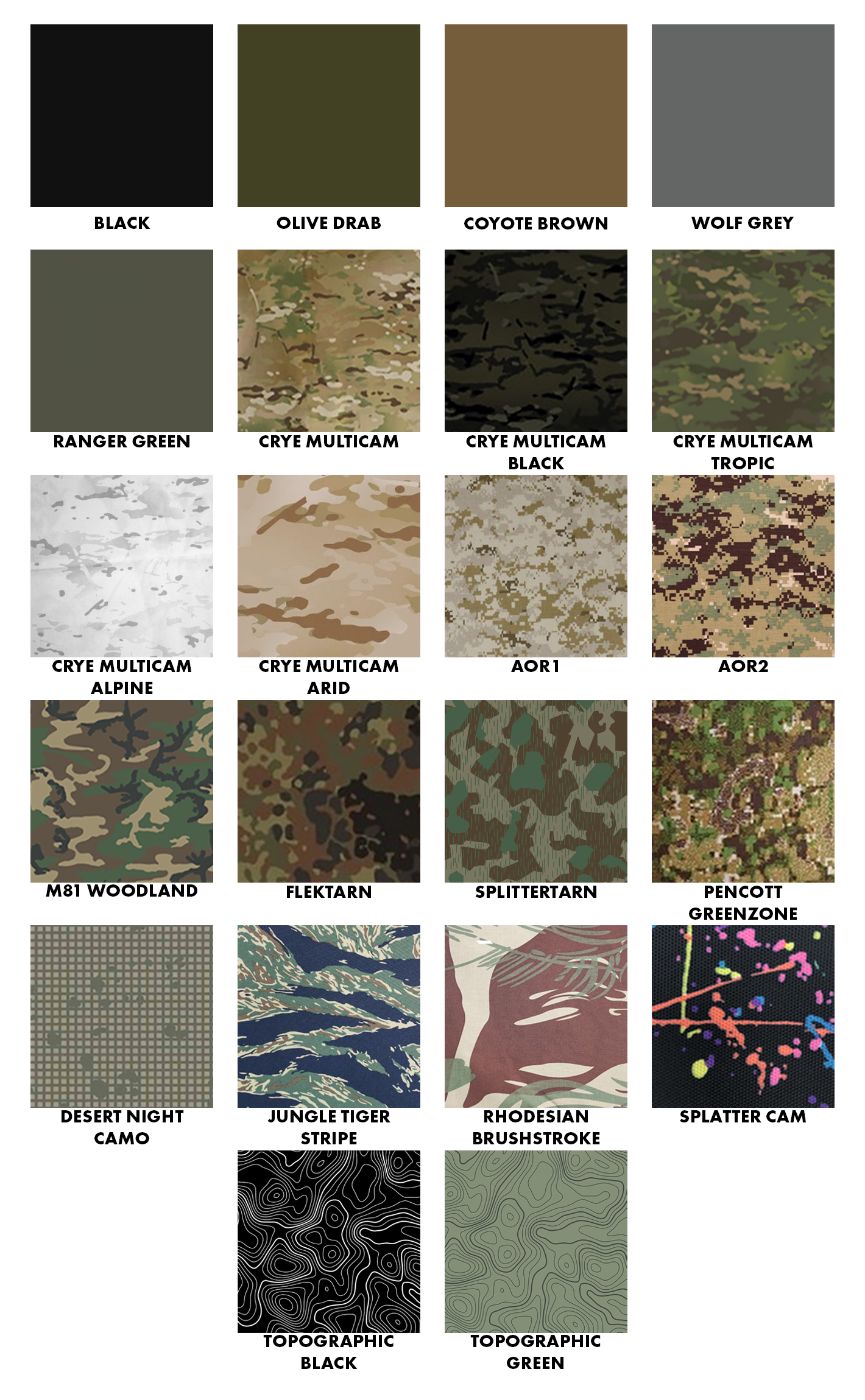 large format camo and colour options