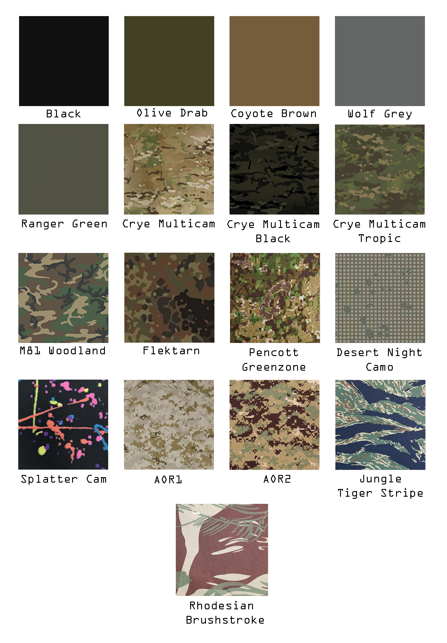 large format camo and colour options