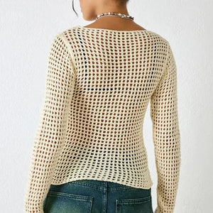 Y2K Women Pullover Crochet See-Through T-Shirts Solid Color Hollow-Out Long Sleeve Shirts Spring Casual Slim Fit Tops Streetwear - kbelle