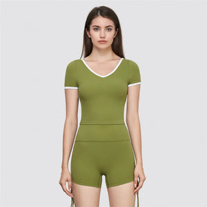 Collision Color Short Sleeve Yoga Shirt Gym Sports Crop Top Women Fitness V-Neck Casual T-Shirt Tight Sportswear With Chest Pad - kbelle