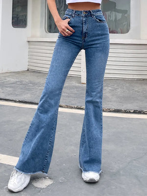 Benuynffy Button Fly Women's Raw Hem Flare Jeans Autumn Fashion Woman Denim Pants Jean Femme High Waist Full Length Slim Jeans - kbelle