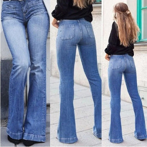 Autumn and Winter Ladies Pockets Jeans Patch Sexy Thin Wide-leg Flared Solid Pants Female Slim High-waisted Flared Pants Jeans - kbelle