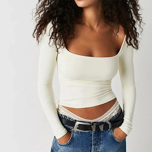 Chic Women Elegant T-shirt Spring Autumn Square Collar Long Sleeve Basic Tees Ladies Slim Fit Crop Tops Casual Streetwear - kbelle