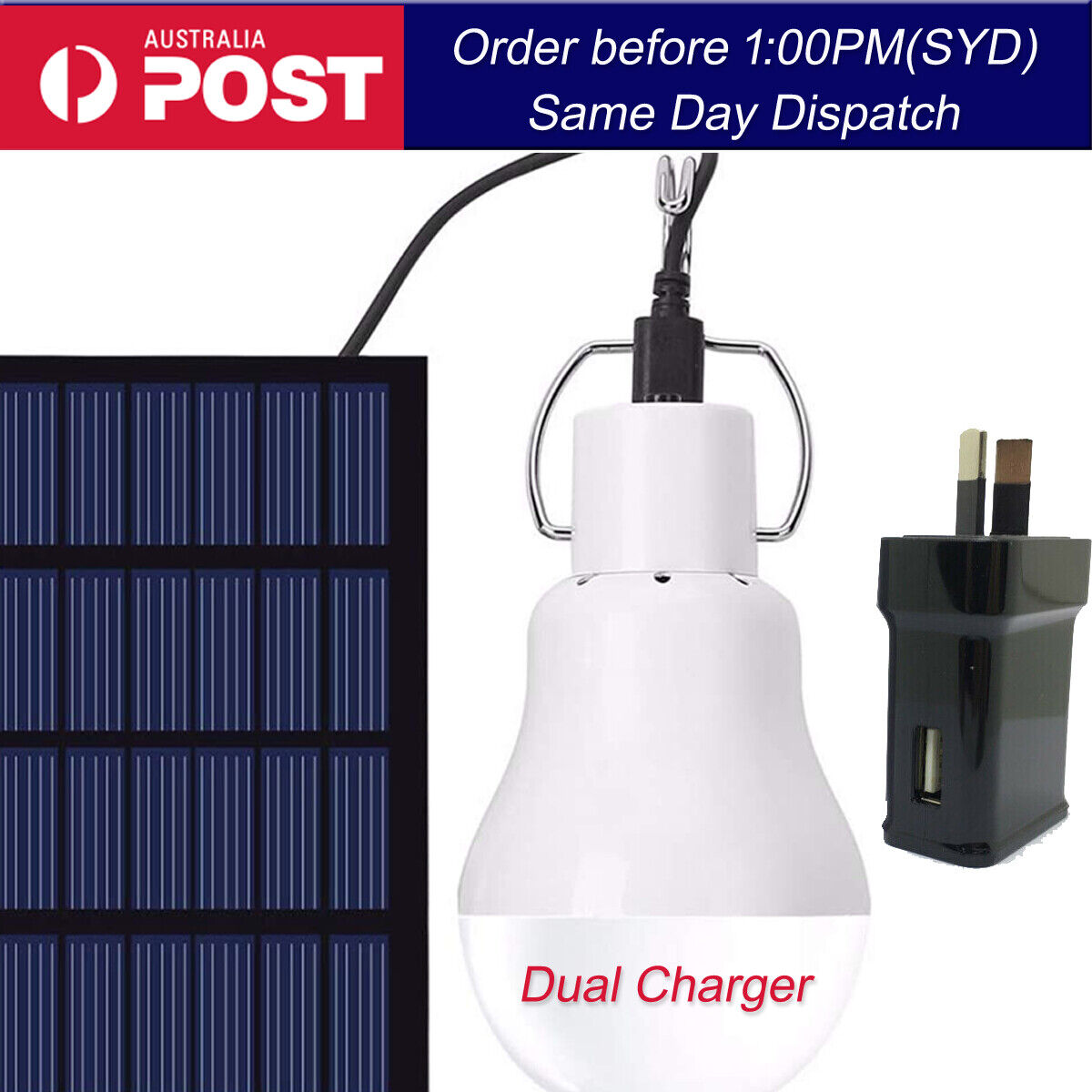 Solar Panel Power LED Light Bulb Solar or AC charger Camp Tent Fishing Lamp