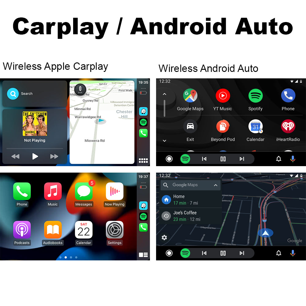 Comparison of Wireless Apple CarPlay and Wireless Android Auto interfaces. The left side shows Apple CarPlay with a music app, navigation map, and home screen featuring icons for Phone, Music, Messages, Now Playing, Podcasts, Audiobooks, Calendar, and Settings. The right side displays Android Auto with a main screen showing Google Maps, YT Music, Spotify, Phone, Beyond Pod, Calendar, and iHeartRadio, along with a detailed navigation screen using Google Maps and music controls at the bottom