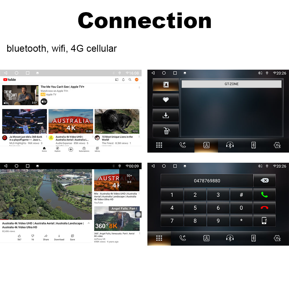 photo showing Connection options for a multimedia system with Bluetooth, Wi-Fi, and 4G cellular capabilities. The image includes screenshots of YouTube and phone interfaces. Top left: YouTube homepage with video thumbnails. Top right: Bluetooth connection page with a blank screen labeled 'GT-ZONE' and icons for various functions. Bottom left: YouTube video playing with other video recommendations. Bottom right: Dial pad for entering phone numbers.