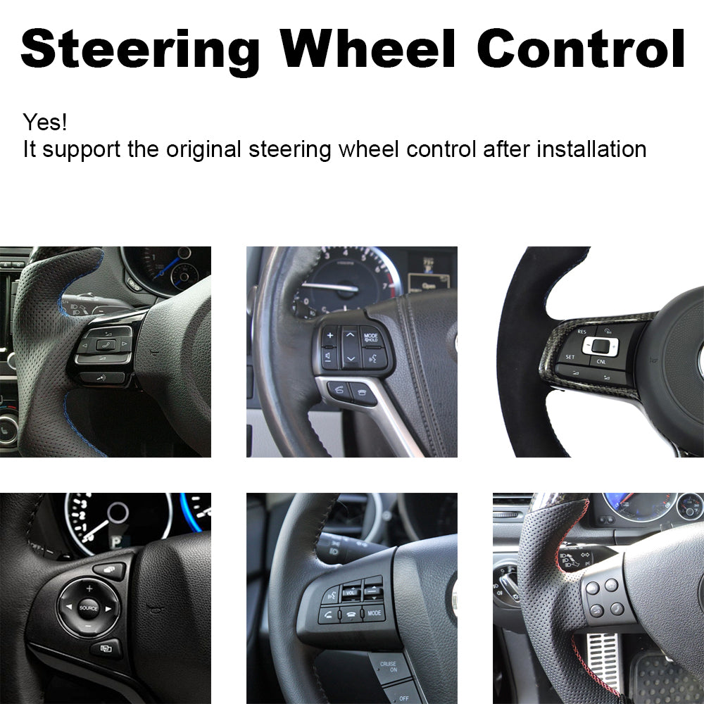 Steering Wheel Control functionality display. The image shows various steering wheels with integrated controls, indicating support for original steering wheel controls after carplay head unit installation. Examples include buttons for volume, answer the call, end call, mode selection, cruise control, and more, demonstrating compatibility with different car models and configurations.