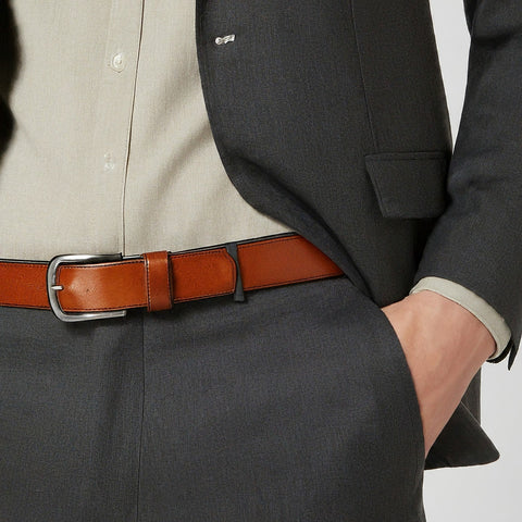 A classic black suit with black dress pants displayed on a mannequin. A brown leather belt with a classic buckle rests on the pants, demonstrating a versatile menswear combination.