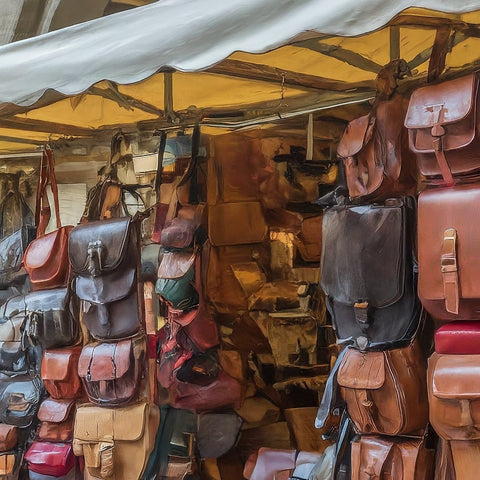 Image of a busting leather market shop in Florence, Italy